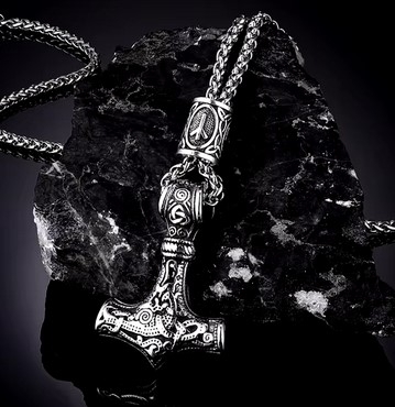 Halskette - Thors Hammer - mit Rune - silber/silber Optik