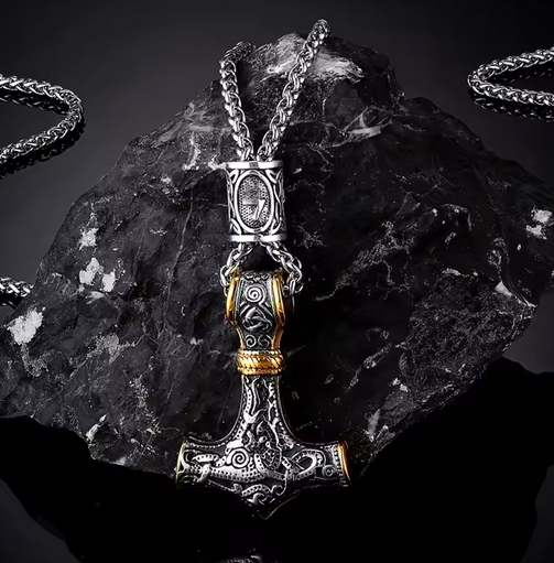 Halskette - Thors Hammer - mit Rune - silber/gold Optik